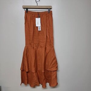 Simply Greta Linen Skirt M Burnt Orange Tiered Midi Boho Elastic Waist NWT